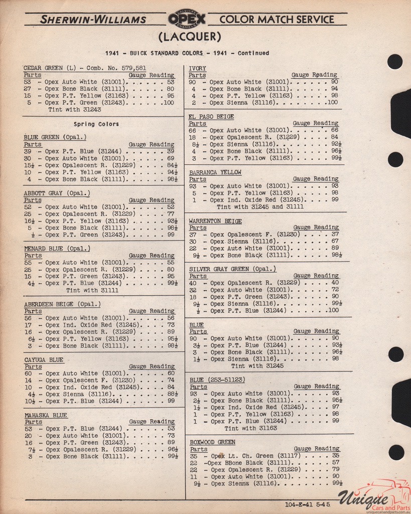 1941 Buick Paint Charts Williams 4
